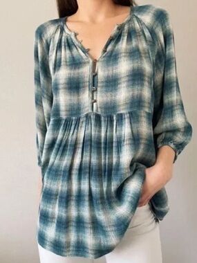 Anthropologie Maeve Cavalon Plaid Popover Blouse Large